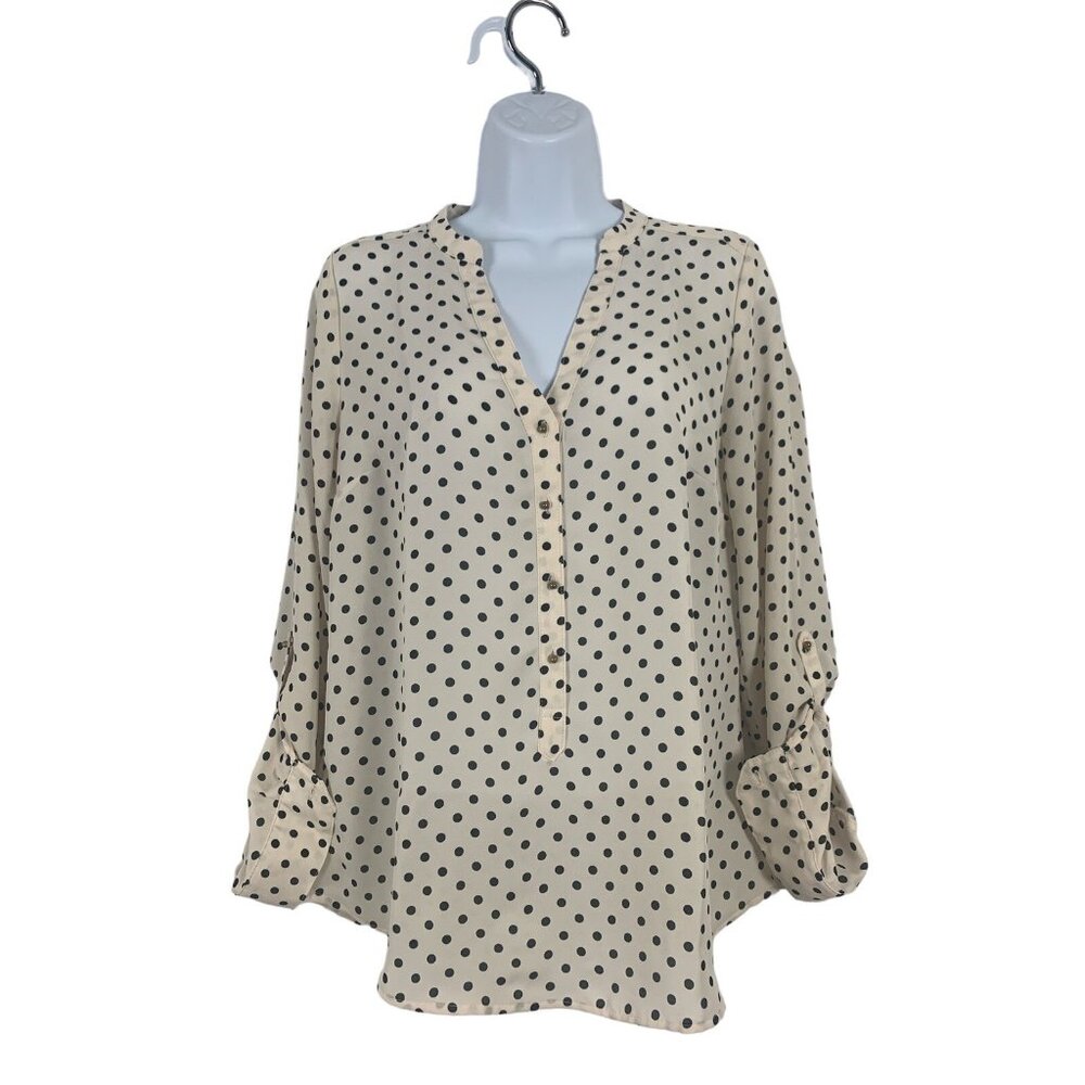 LC Lauren Conrad Button-Front Beige & Black Polka Dot Blouse Rolled Cuffs Medium